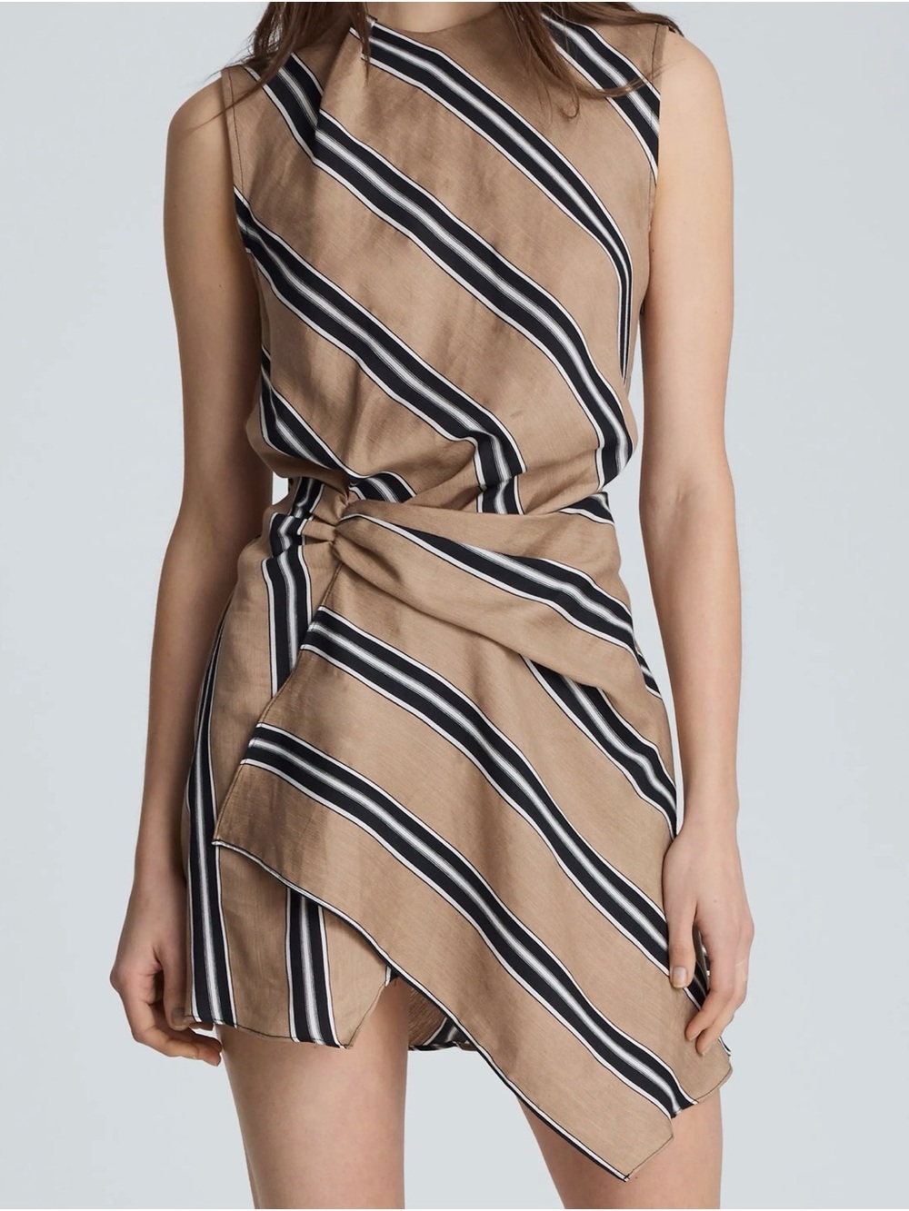Kenneth Cole Reaction Camel and Black Striped Sleeveless Wrap Mini Dress
